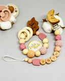 Beißring + Schnullerkette mit Namen Mond Holzclip