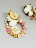 Beißring + Schnullerkette mit Namen Mond Holzclip