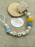 Schnullerkette mit Namen personalisiert Löwe Grau