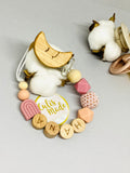 Beißring + Schnullerkette mit Namen Mond Holzclip