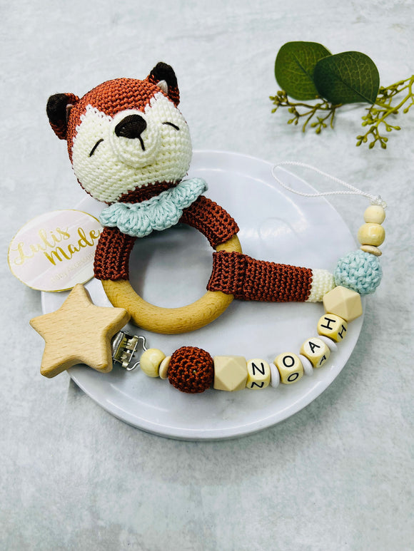 Rassel + Schnullerkette mit Namen, Fuchs