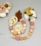 Beißring + Schnullerkette mit Namen Mond Holzclip