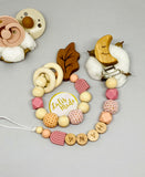 Beißring + Schnullerkette mit Namen Mond Holzclip