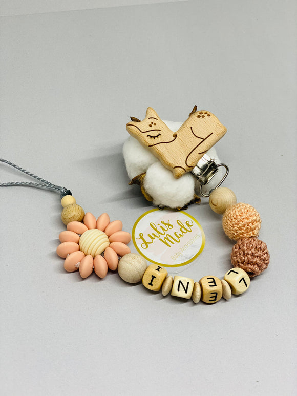 Schnullerkette mit Namen Reh Holzclip